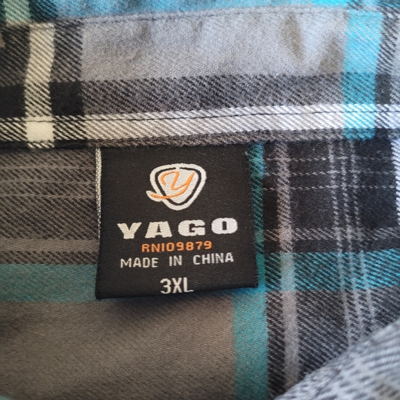 Yago Plaid Flannel Shirt Jacket Mens 3XL Casual Button Up Gray White Aqua Blue - Picture 3 of 6